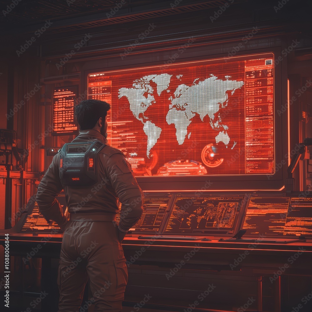 Poster futuristic space operative analyzing world data on high-tech interactive display in sci-fi control r