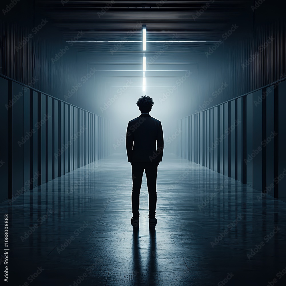 Poster silhouette of a person standing in a dimly lit corridor with a bright light at the end creating a my