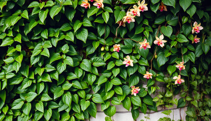 Green creeper plant, fern, orchid, vine or ivy and leaves wall for background in vintage tone. Natural wallpaper or Nature pattern. Freshness season, watercolor