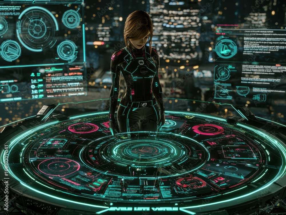 Poster futuristic female character analyzing holographic data in a high-tech cityscape setting with interac
