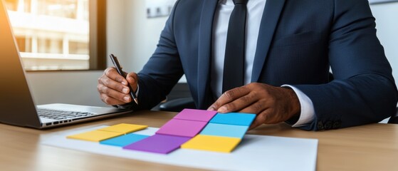 Business professional working on project planning with colorful sticky notes while using laptop in a modern office environment focused on productivity and organization