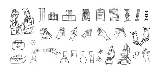 Obraz premium Set of healthcare and medicine vector illustration. Hand with test tube, take tests, blood sample, medicine, medical, doctor, tests, test results. Vector illustrations EPS 10 in doodle style.
