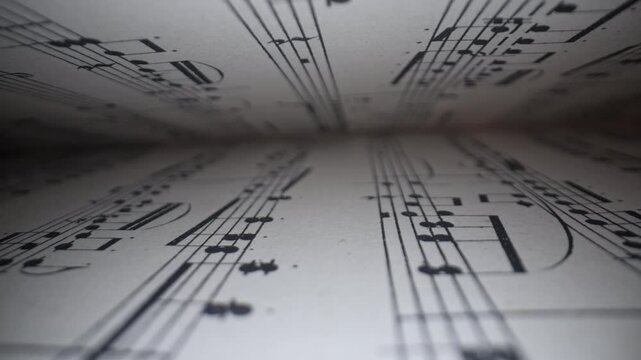 Slider macro background of saved medieval book with ancient musical notes writings. Texture of old handwritten classical symphony, beautiful melody, hobby concept. 