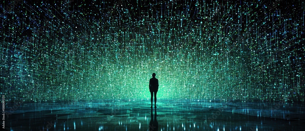 Poster futuristic digital experience with silhouette of man in a cybernetic environment surrounded by glowi