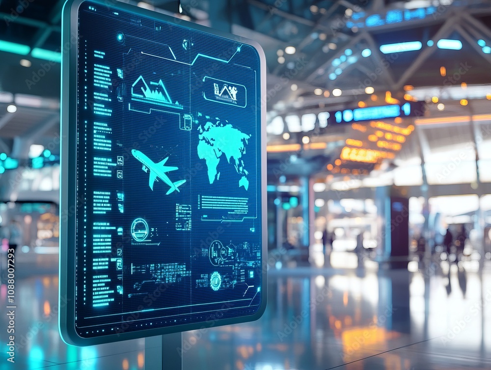 Poster digital display showcasing smart contract terms at a modern airport informative content high-tech en