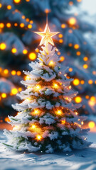 A simple, elegant Christmas tree, stars, and snowflakes on a white background