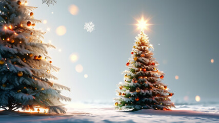 A simple, elegant Christmas tree, stars, and snowflakes on a white background