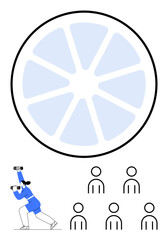 Person with binoculars observing giant pie chart segment, group of people in audience. Ideal for data analysis, market research, presentations, teamwork, audience engagement, market segmentation