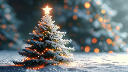 A simple, elegant Christmas tree, stars, and snowflakes on a white background