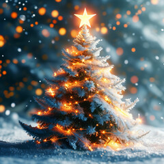 A simple, elegant Christmas tree, stars, and snowflakes on a white background