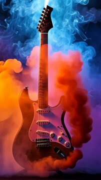 A guitar is shown with smoke in the background. The guitar is yellow and has a white pickguard