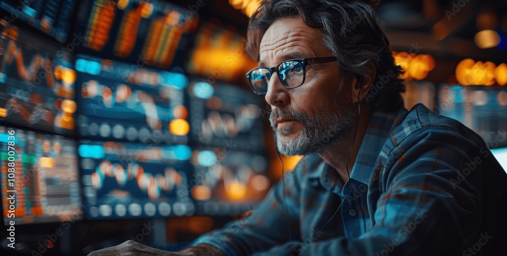 Poster Stock market professional analyzing real-time financial data and trading patterns on multiple computer screens for investment strategy