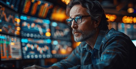 Stock market professional analyzing real-time financial data and trading patterns on multiple computer screens for investment strategy