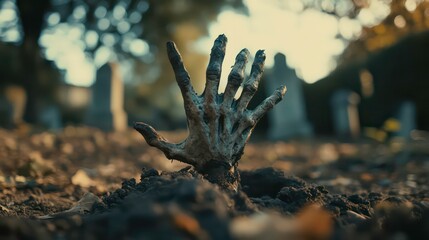 A decaying hand emerges from the ground in a cemetery.