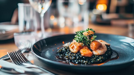 Elegant seafood dish featuring succulent scallops atop a bed of flavorful black rice, garnished with fresh herbs and delicate microgreens, served in a sophisticated dining setting