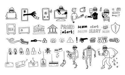 Large set of bank thieves, phone fraudster and computer scammers in doodle style. Bank card, credit card, safe deposit, cheater, alarm system, fishing, scam, alert, finance, bag money. Hand drawn