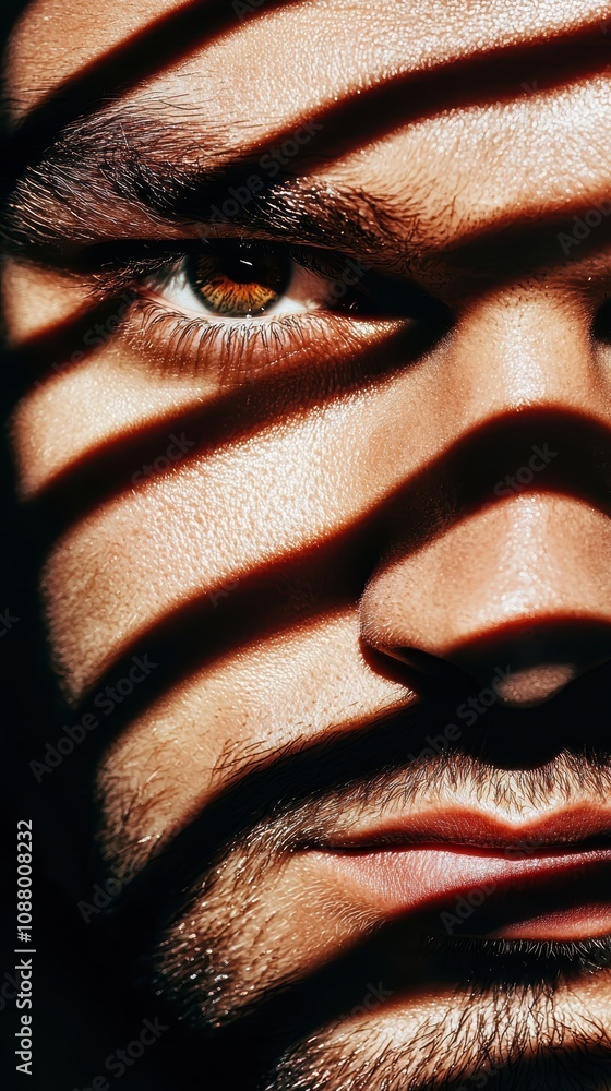 Poster intense close-up portrait of a male face with dramatic shadow lines across features, capturing emoti