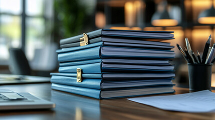 cluttered desk stacked with folders and documents awaiting review, symbolizing workload, organization, and administrative duties in a busy office environment under pressure