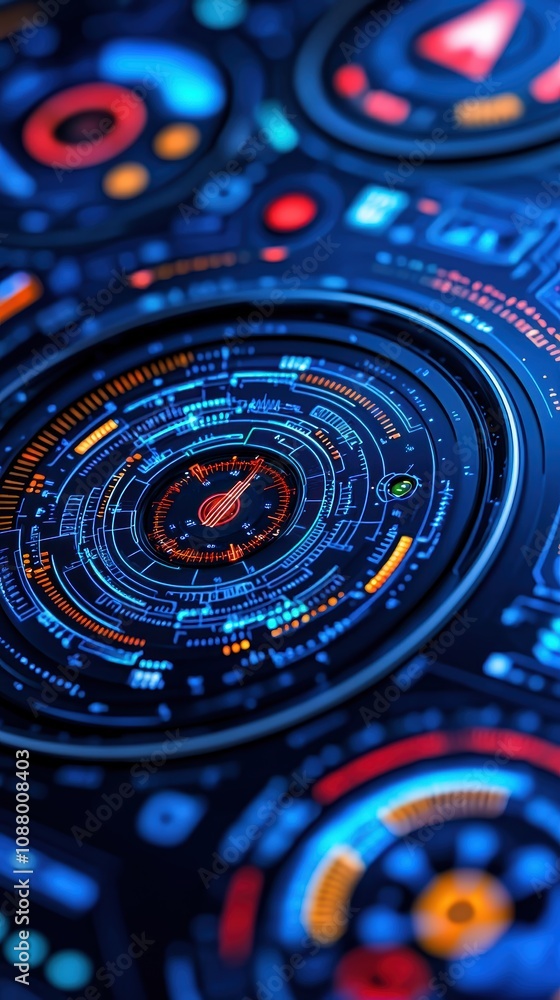 Poster futuristic interface display with high-tech circular elements and vibrant color schemes for digital 