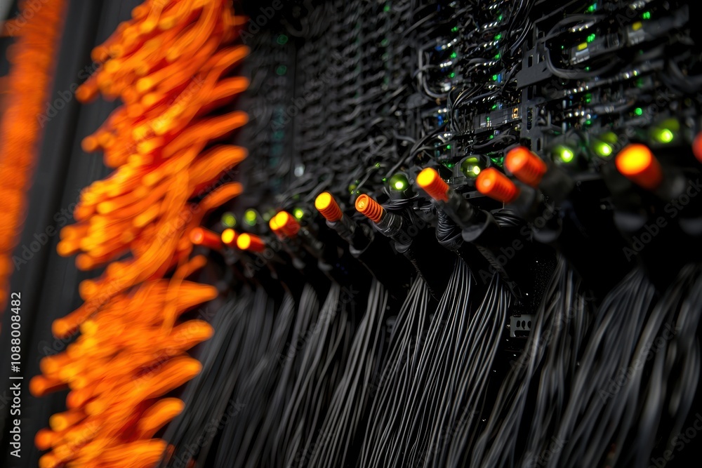 Poster high-resolution close-up of computer server cables with illuminated indicators, displaying a modern 