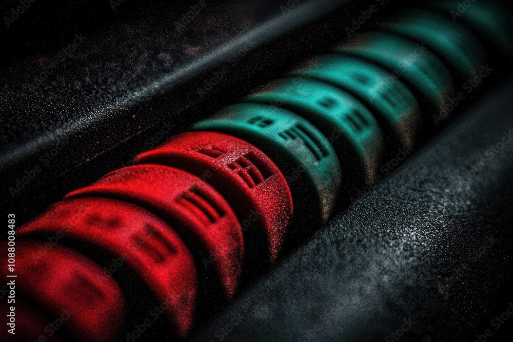 Poster close-up of colorful circular dials in red and green arranged in sequence on a black background with