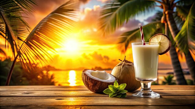 Refreshing Coconut Batida de Coco Cocktail with Sunlit Bar Background - Double Exposure Photography