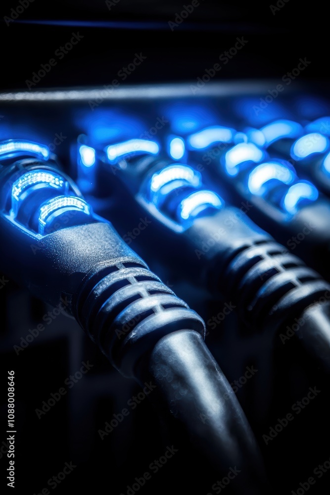 Poster close-up of illuminated blue ethernet cables connected to a modern network switch, showcasing techno