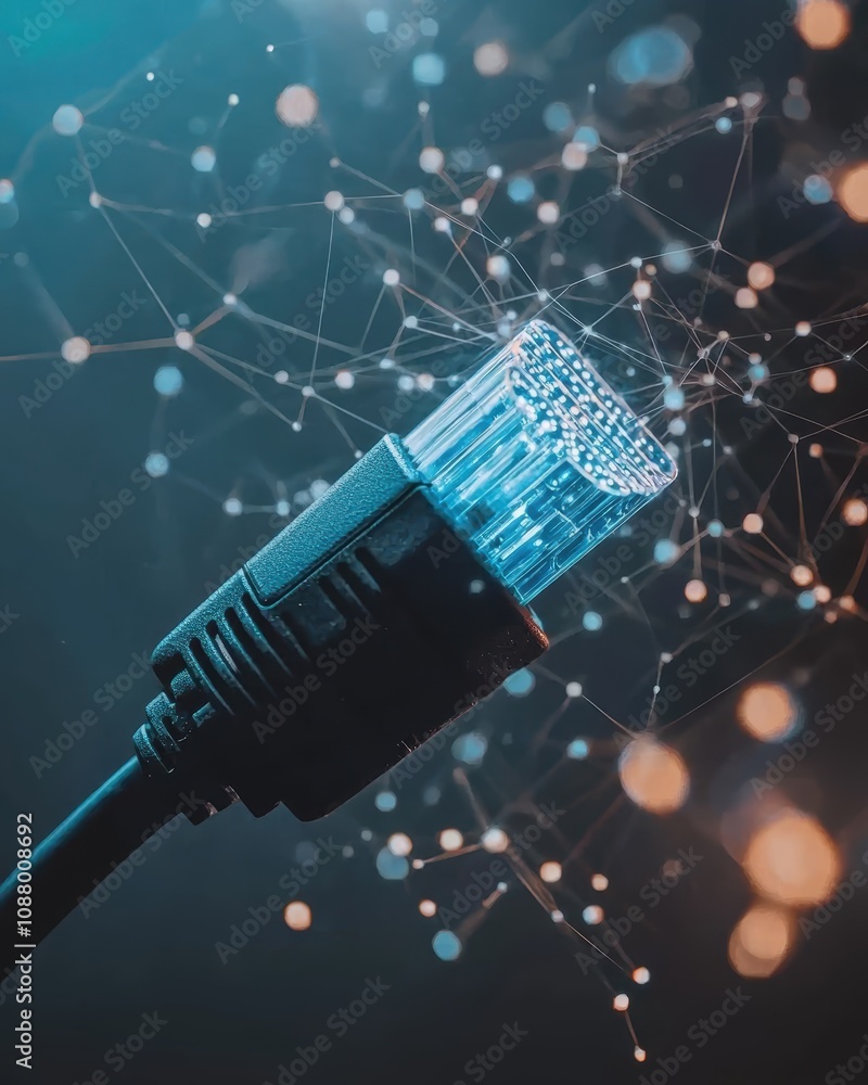 Poster close-up view of a network cable connector with light effects and abstract digital background repres