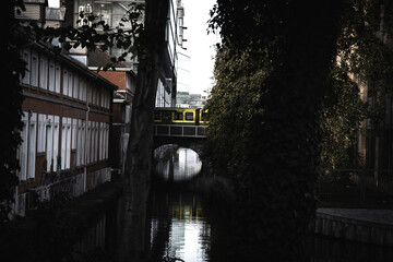 Train going over a canal in Dublin. 