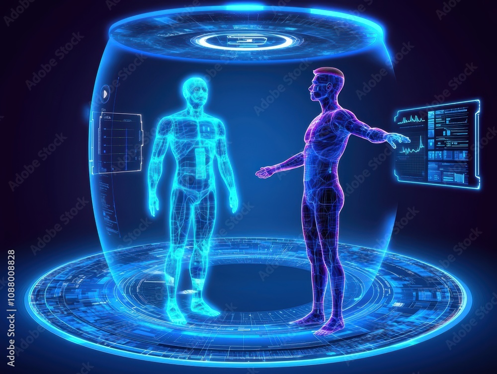 Poster futuristic digital human interface in a high-tech environment representing virtual reality and advan