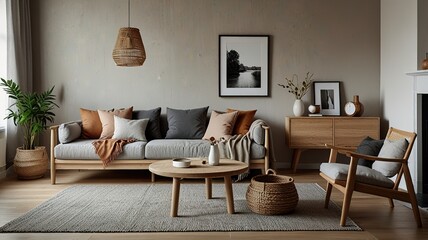 Cozy living room interior, Scandinavian style. Wooden furniture and elegant.