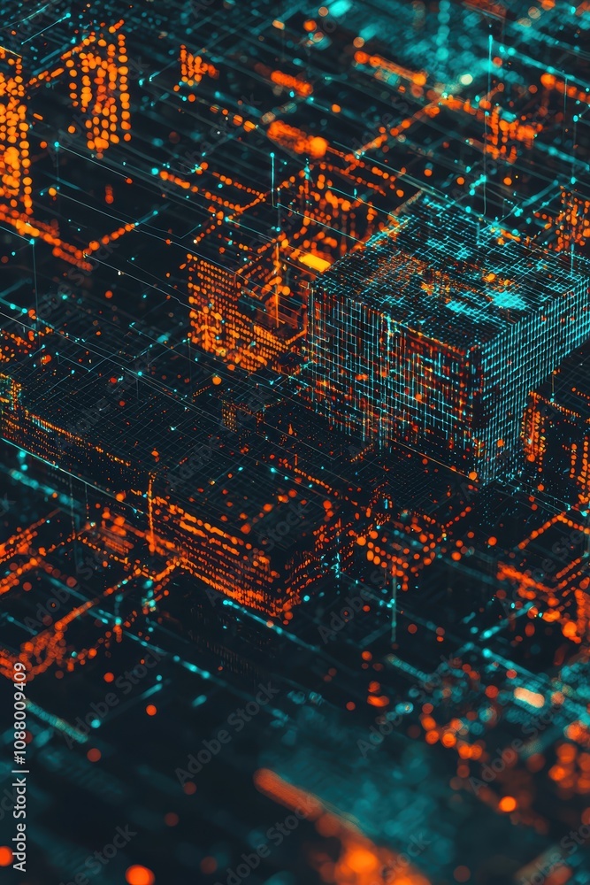 Poster abstract representation of a futuristic cityscape with illuminated data points and geometric structu