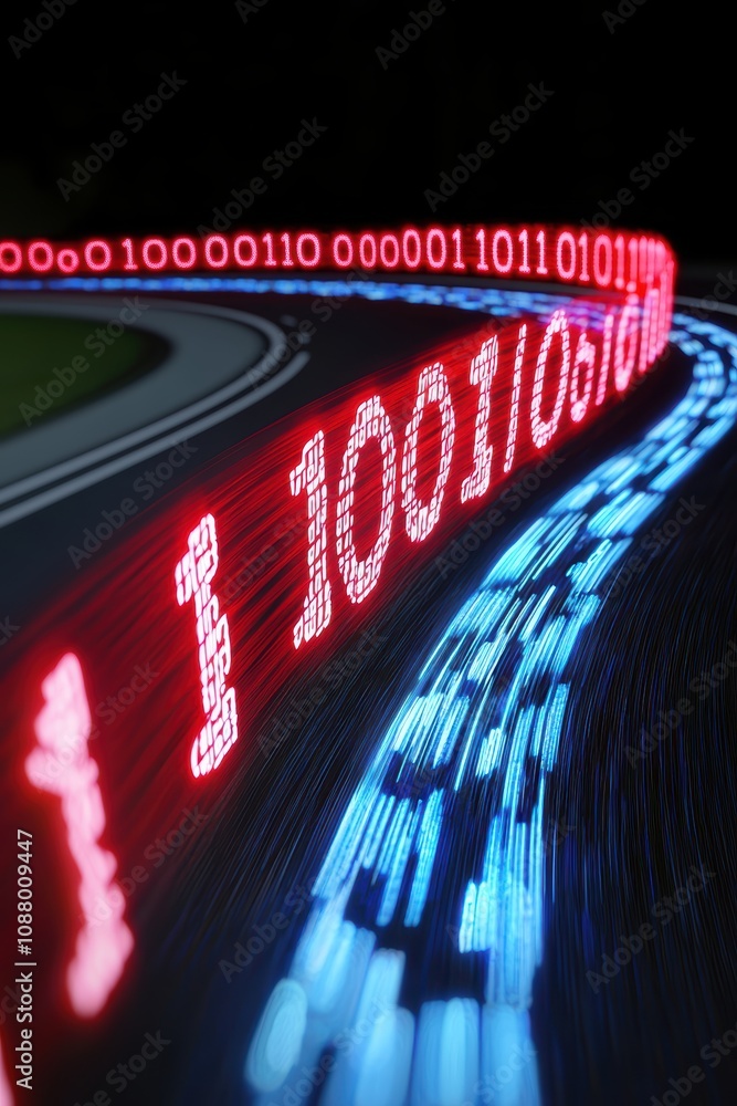 Poster dynamic visualization of data streams represented in binary code on a curved roadway at night with g