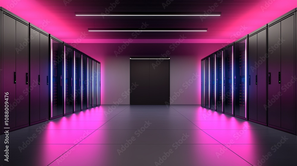 Poster futuristic data center with rows of server racks illuminated by pink neon lights in a modern, sleek 
