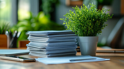 cluttered desk stacked with folders and documents awaiting review, symbolizing workload, organization, and administrative duties in a busy office environment under pressure