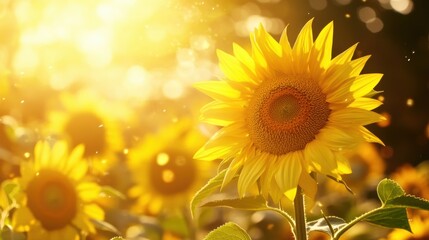 Obraz premium Aerial View of Sunflowers in Golden Countryside Light