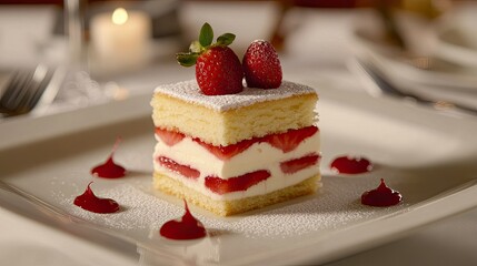 Delicious Layers of Strawberry Cake With Cream and Fresh Berries Artfully Plated on Elegant Table Setting for Gourmet Dessert Photography