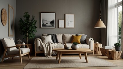 Cozy living room interior, Scandinavian style. Wooden furniture and elegant.