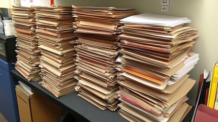 cluttered desk stacked with folders and documents awaiting review, symbolizing workload, organization, and administrative duties in a busy office environment under pressure