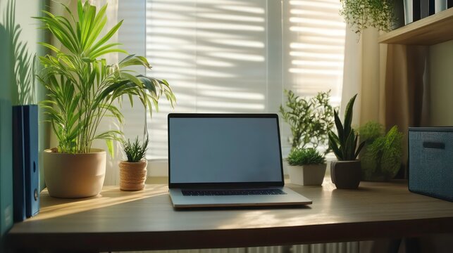 Cozy and modern workspace with a laptop plants and minimalist decor on a wooden desk Ideal for creative and productive work environment