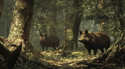 Wild boars foraging in a lush green forest surrounded by tall trees, showcasing the beauty and tranquility of nature in a sunlit woodland environment