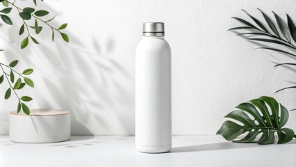 Minimalist white reusable water bottle surrounded by green leaves in natural light