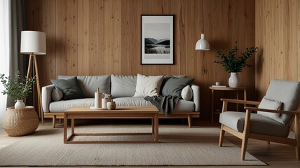Cozy living room interior, Scandinavian style. Wooden furniture and elegant.