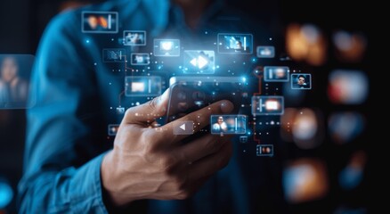 Online video streaming and learning, webinar education, smartphone video watching, virtual workshop, online tutorial, business training