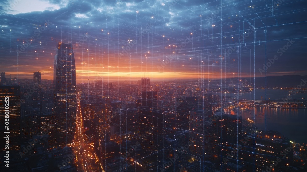 Poster the skyline of a modern city glows as buildings are linked by an advanced ai network during a vibran