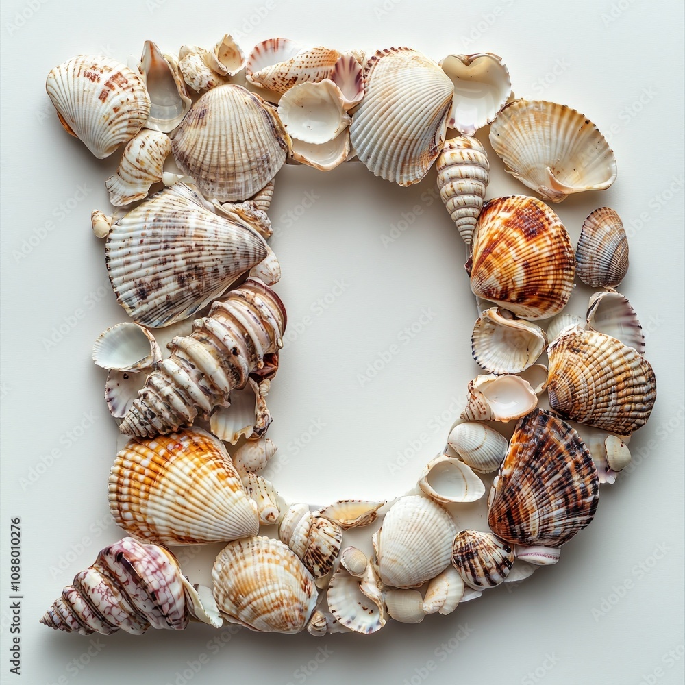 Poster letter d artistically designed using array seashells showcasing textures and colors clean white back