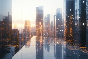 The skyline features modern buildings connected through advanced AI networks as the sun sets, casting a warm glow on the architecture. Generative AI