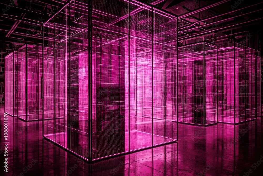 Poster futuristic abstract architecture featuring pink neon light reflections in a contemporary space with 