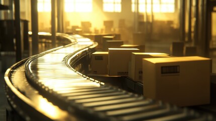 Conveyor Belts with Boxes in Warm Light Factory Setting