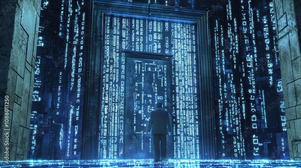 Poster futuristic scene featuring a person standing before a glowing doorway surrounded by streams of digit
